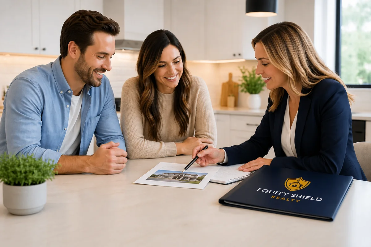 A real estate professional reviewing a home presentation with clients